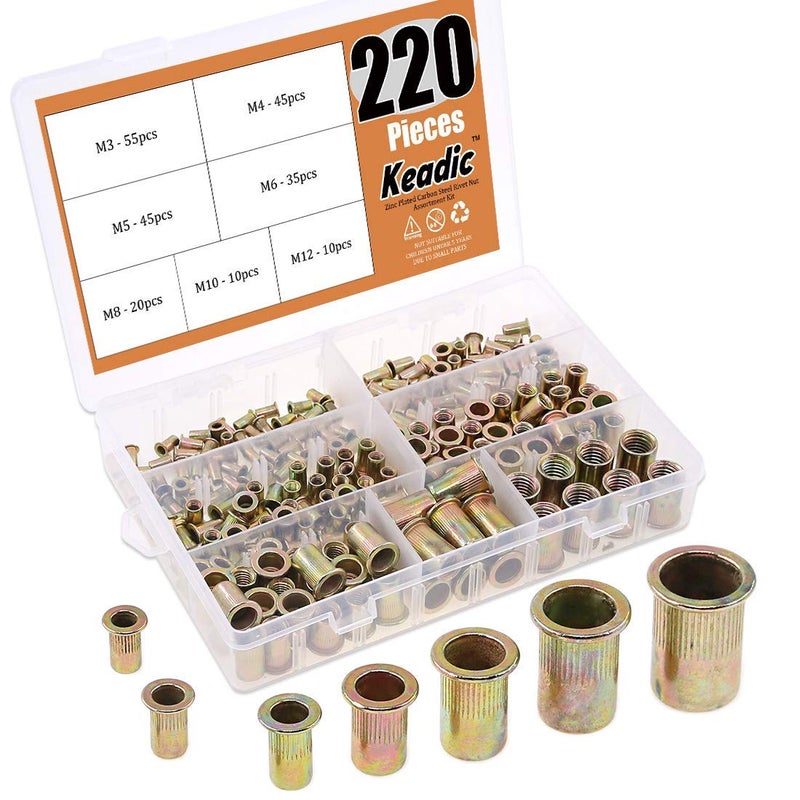 Keadic 220Pcs Metric Zinc Plated Carbon Steel Rivet Nut Flat Head Threaded Insert Nutsert Assortment Kit - 7 Sizesï¼šM3 M4 M5 M6 M8 M10 M12 - Image 1